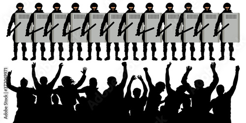 Confrontation of crowd of protesters with riot police. Silhouette vector illustration