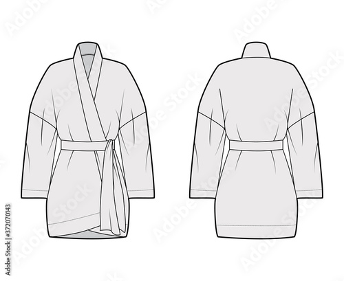 Kimono technical fashion illustration with relaxed fit, long wide sleeves, belt to cinch the waist, above-the-knee length. Flat apparel blouse template front, back grey color. Women men unisex shirt