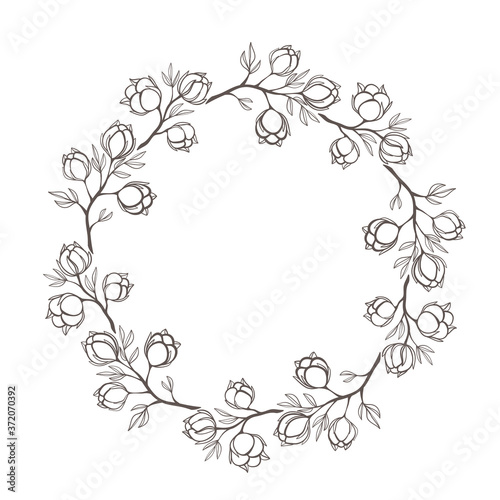 Round border frame with cotton herb and flowers for card design on white, stock vector illustration