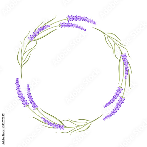 Round border frame with lavender flowers isolated on white for greeting card design, stock vector illustration