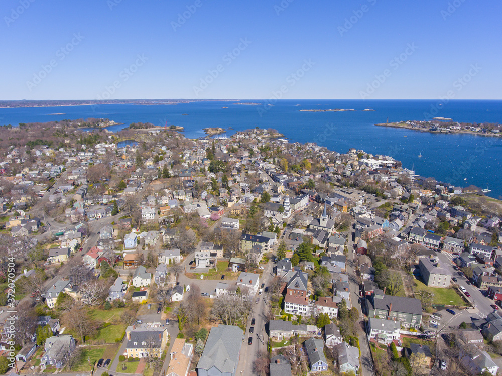 Aerial view of historic Marblehead town center and Marblehead harbor, Marblehead, Massachusetts MA, USA.