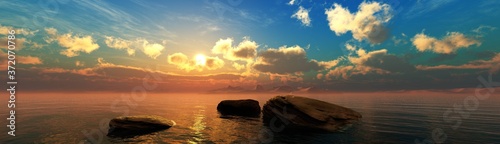 Fototapeta Naklejka Na Ścianę i Meble -  Stones in the water at sunset, sunset seascape, ocean sunrise over stones, 3D rendering