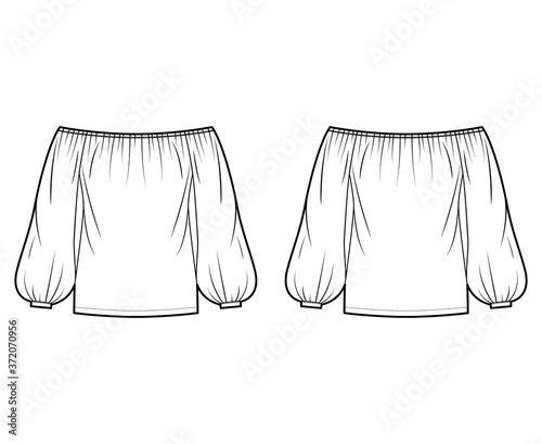 Off-the-shoulder blouse technical fashion illustration with long billowy sleeves, elasticated gathered neckline, oversized. Flat apparel top template front back white color. Women men unisex shirt CAD