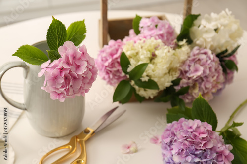 Beautiful hydrangea flowers and scissors on white table. Interior design element