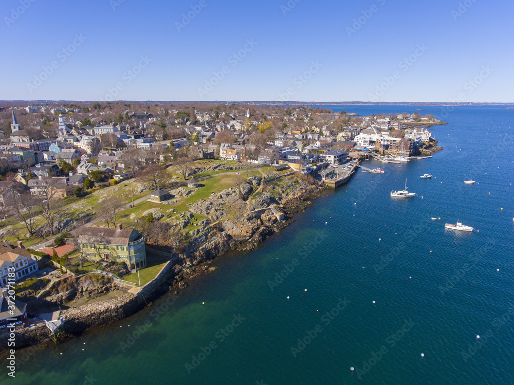 Crocker Park at Marblehead harbor and town center aerial view, Marblehead, Massachusetts MA, USA.
