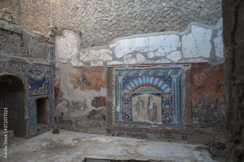 Views of the preserved interiors of ancient Italian city of Herculaneum, Italy