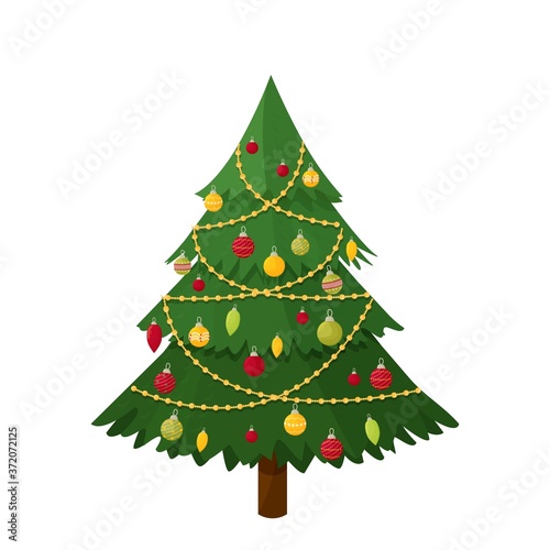 Festive Christmas tree in cartoon style stock vector illustration. Decorated green fir-tree isolated on white background. Happy New Year concept. Vector illustration