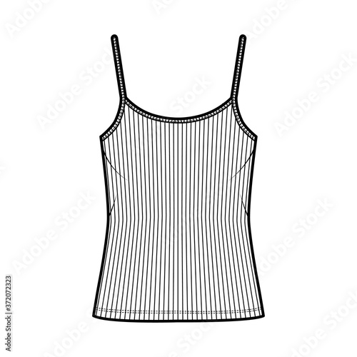 Ribbed camisole technical fashion illustration with scoop neck, oversized knit body, tunic length. Flat outwear basic tank apparel template front white color. Women men unisex shirt top CAD mockup