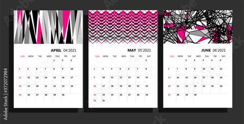Calendar planner for 2021. Wall calendar template for 2021. The pages have space for notes. The diary is made in modern geometric. The week starts on Sunday