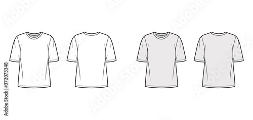 Cotton-jersey t-shirt technical fashion illustration with crew neckline, elbow sleeves, tunic length. Flat outwear basic apparel template front, back, white grey color. Women men unisex top CAD mockup