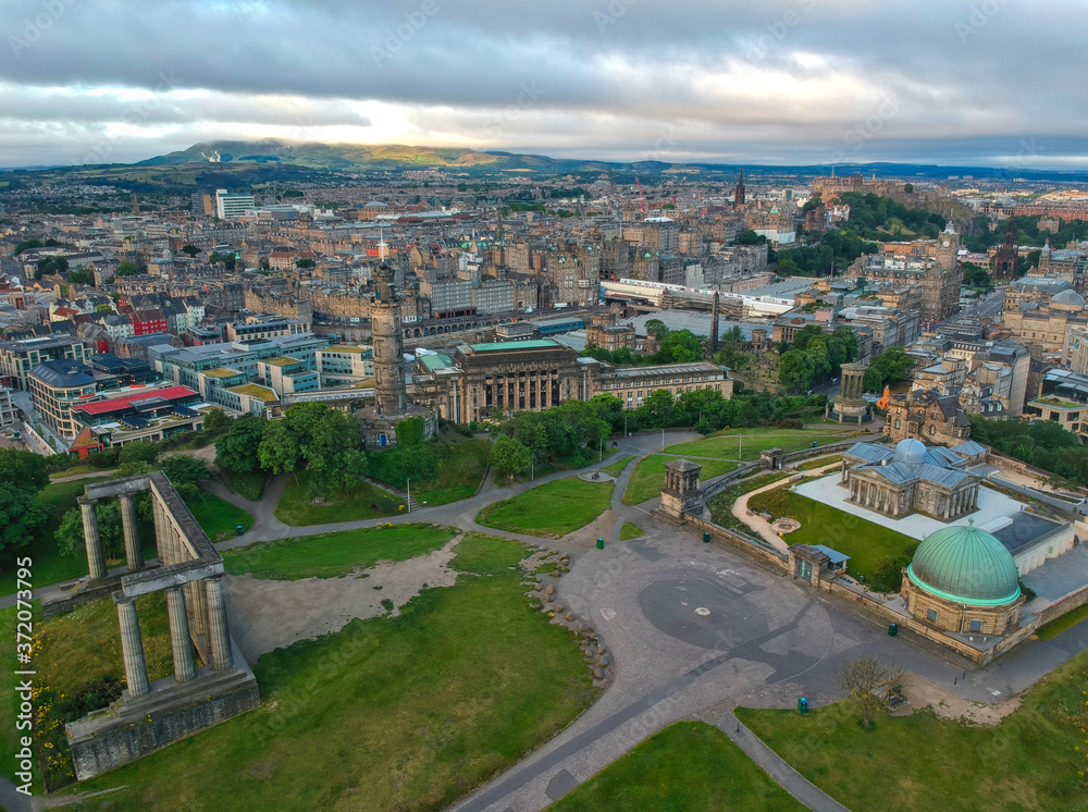 Aerial view of Calton Hill famous landmarks and Edinburgh old town Skyline in Scotland