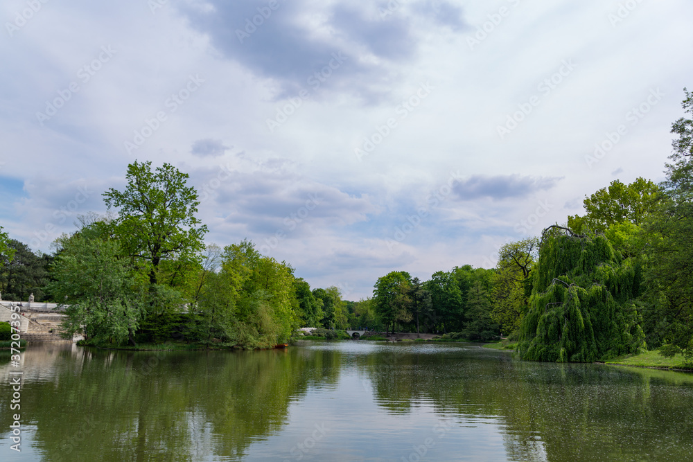 lake in Royal Baths Park is the largest park in Warsaw, Poland