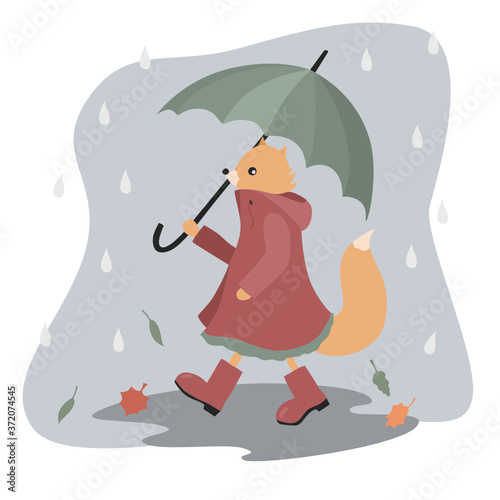 Vector illustration of a little fox walking under an umbrella. Autumn, rainy weather, foliage