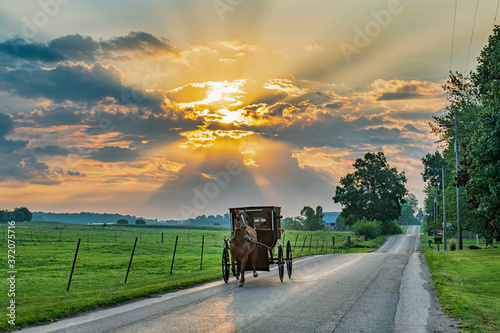 Stampa su tela Amish Buggy on Rural Road Early Morning with Sunbeams