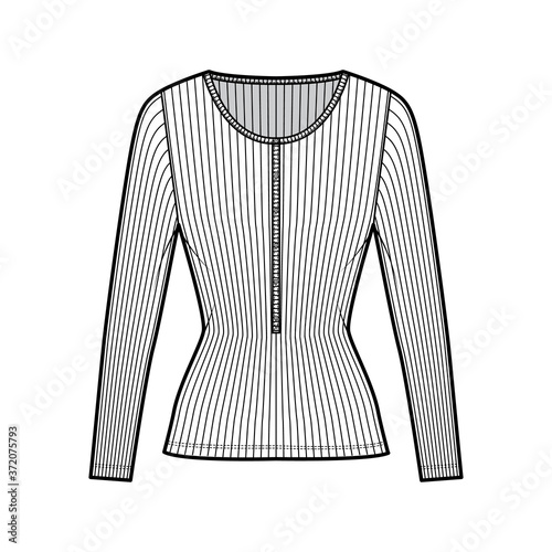 Ribbed cotton-jersey top technical fashion illustration with long sleeves, slim fit, scoop henley neckline. Flat outwear shirt apparel template front, white color. Women, men unisex knit CAD mockup