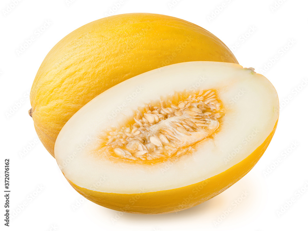 Fresh yellow ripe whole and half of honeymelon isolated on a white background. Design element for product label, catalog print, web use.