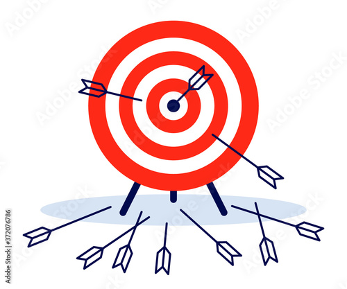 Game dart. Arrows missed hitting target mark and accurate. Multiple failed inaccurate attempts to hit archery target, shot miss. Vector flat illustration
