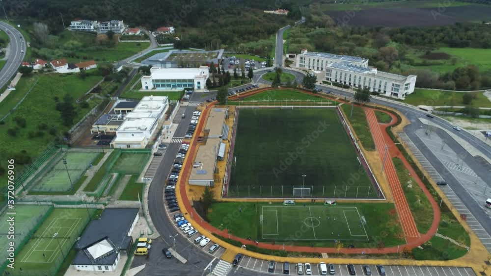Aerial View of Sports Soccer Football Field. Portugal Drone Footage Aerial View of Sports Soccer Football Field. Portugal Drone Footage