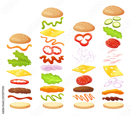 Burger ingredients diy collection. Set of isolated ingredients for build your own burger and sandwich. Sliced vegetables, sauces, bun and cutlet for burger. Vector burger maker