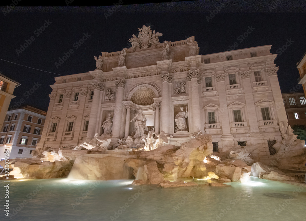 Nighttime view of the Trevi Fountain, Piazza di Trevi, Rome, Italy