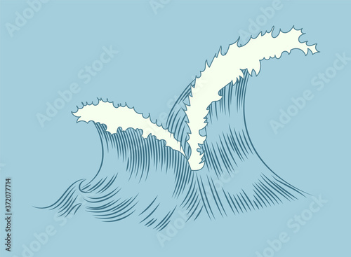 Waves engraving. Marine and nautical or ocean waves background for banner or poster. Hand drawn sketch of sea splash. Retro background