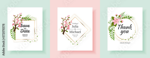 Set of sakura flowers backgrounds. Floral wedding invitation cards template design. Holiday invitation, greeting cards and fashion design