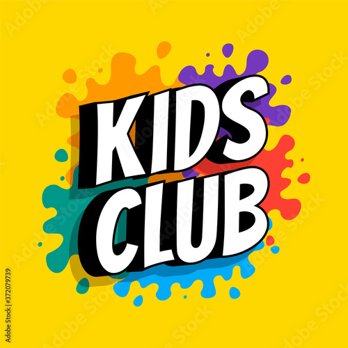 Kids club inscription on the background of colored heels of paints. Vector flat illustration.