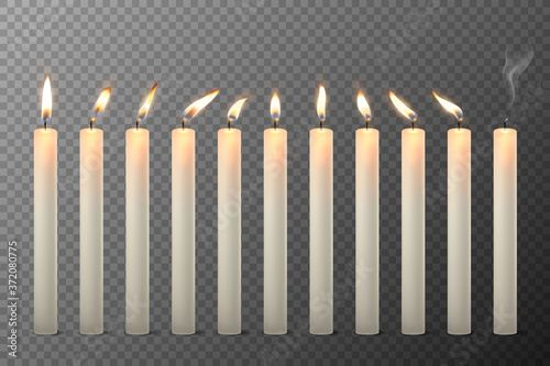 Vector 3d Realistic White Paraffin or Wax Burning Candles with Different Flame Icon Set Closeup Isolated on Transparent Background. Design Template, Clipart