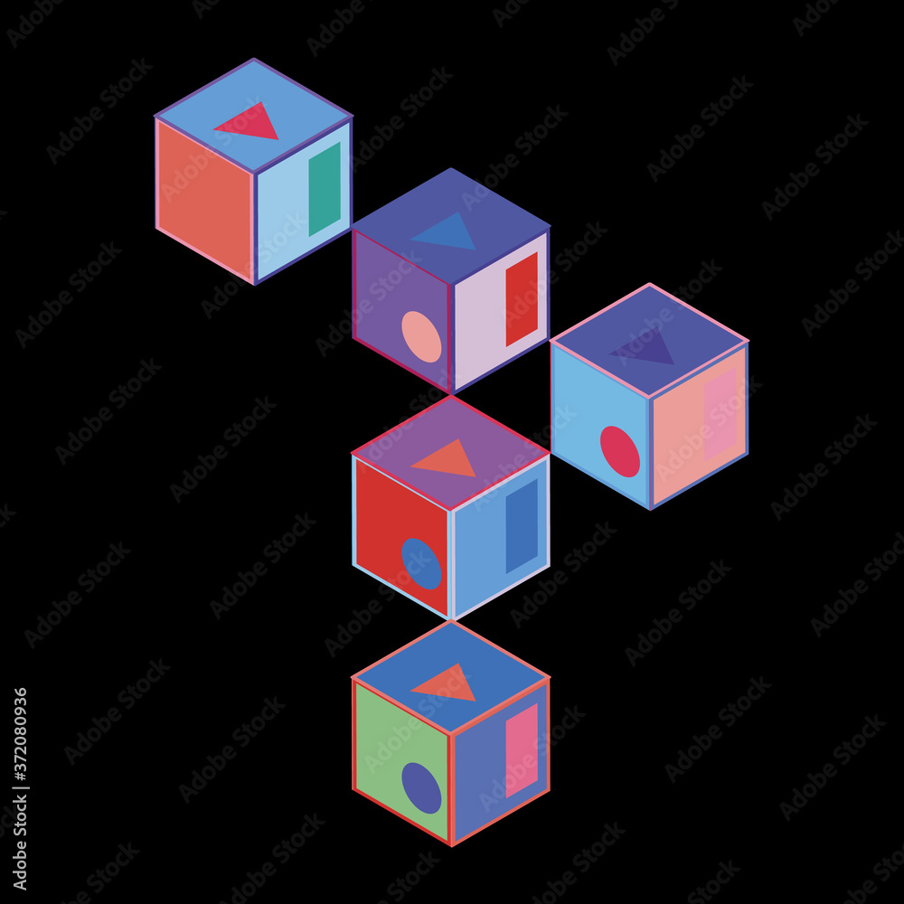 T letter logo symbol. Cubes lined up in space. Rows forming a line. Guessing the isometric shape. Hexagonal riddle.