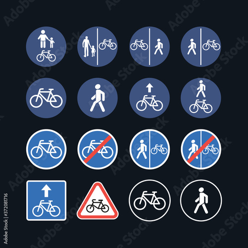 Bicycle and pedestrian traffic warning road signs - illustration icon set isolated