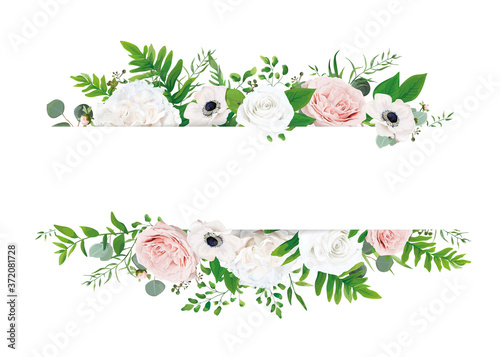 White ivory & blush pastel pink stylish wedding invite, invitation, save the date card design template. Peony, rose flowers, anemone, berries, greenery ferns, eucalyptus leaves watercolor style border