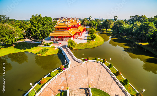 Phra Thinang Wehart Chamrun in Bang Pa-In Royal Palace or the Summer Palace with Beautiful Garden in Ayutthaya Province, Thailand photo