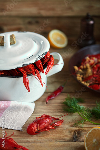 Boiled crayfish close-up on a dark background, macro photo food