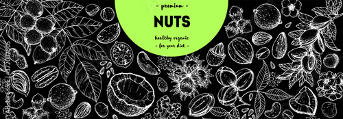 Nuts collection hand drawn sketch. Vector illustration. Nuts cocktail. Organic healthy food. Great for nuts packaging design. Engraved style. Black and white color
