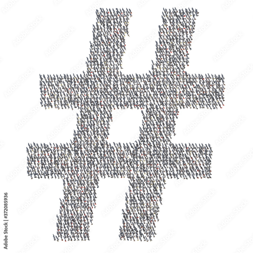 Obraz premium Aerial top down view of people and their shadows making up the hashtag. 3d rendering