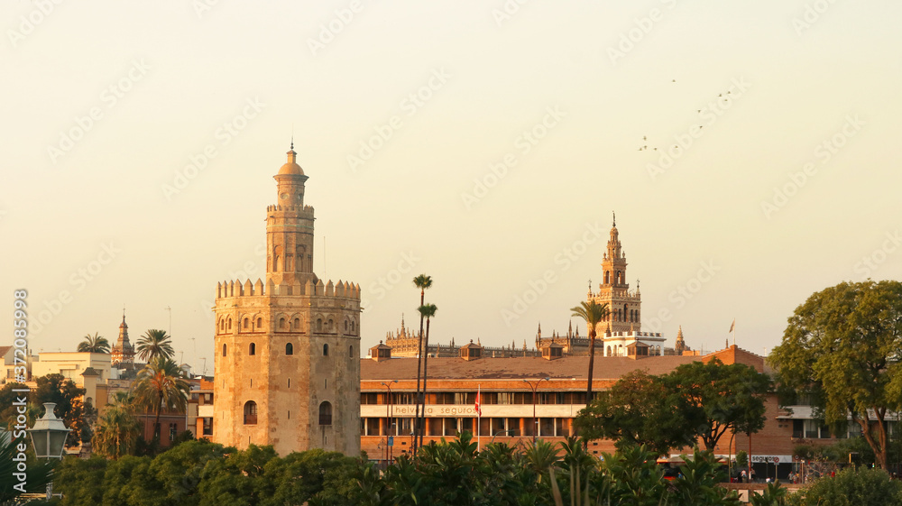 Seville landscape at sunset, with Torre del Oro and Giralda in the background for a nice postcard or wallpaper