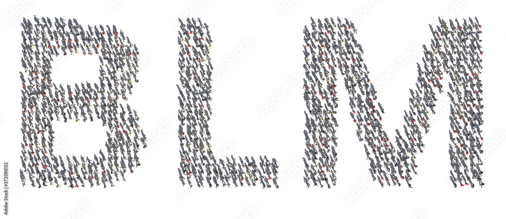Aerial overhead view of people and their shadows making up BLM or Black Lives Matter text. 3d rendering Aerial overhead view of people and their shadows making up BLM or Black Lives Matter text. 3d rendering