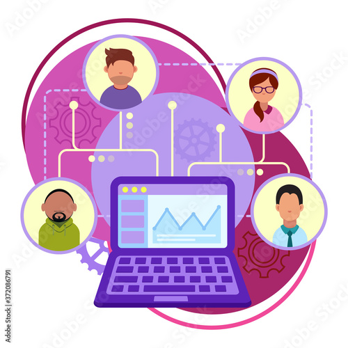 vector flat icon of communication in social networks, organization of online team communication, meetings of programmers and managers, sending messages over the Internet, social network concept mockup