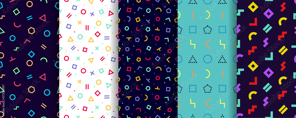 Memphis seamless pattern. Set of five geometric textures. Vector. Wrapping paper design. Colorful geometric background. Minimal abstract cover. Pattern templates in swatches panel Memphis seamless pattern. Set of five geometric textures. Vector. Wrapping paper design. Colorful geometric background. Minimal abstract cover. Pattern templates in swatches panel