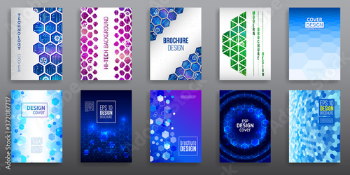 Abstract technology cover with hexagon elements. Set of High tech brochure design concept. Futuristic business layout. Digital poster templates. Sci fi pattern.