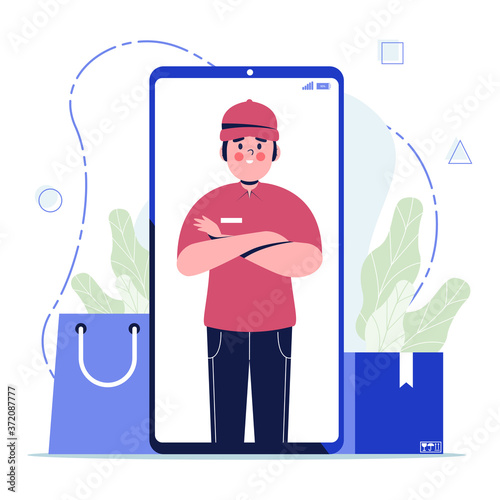 Young courier from smartphone screen sending cardboard box isolated on background, online delivery service concept. Flat design vector illustration