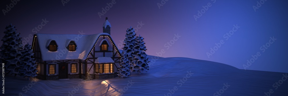 Idyllic Christmas Winter Night Scene with a Snow covered Holiday Home and beautiful Lights - Clear Atmosphere without SnowFall - 3D Illustration with Copy Space