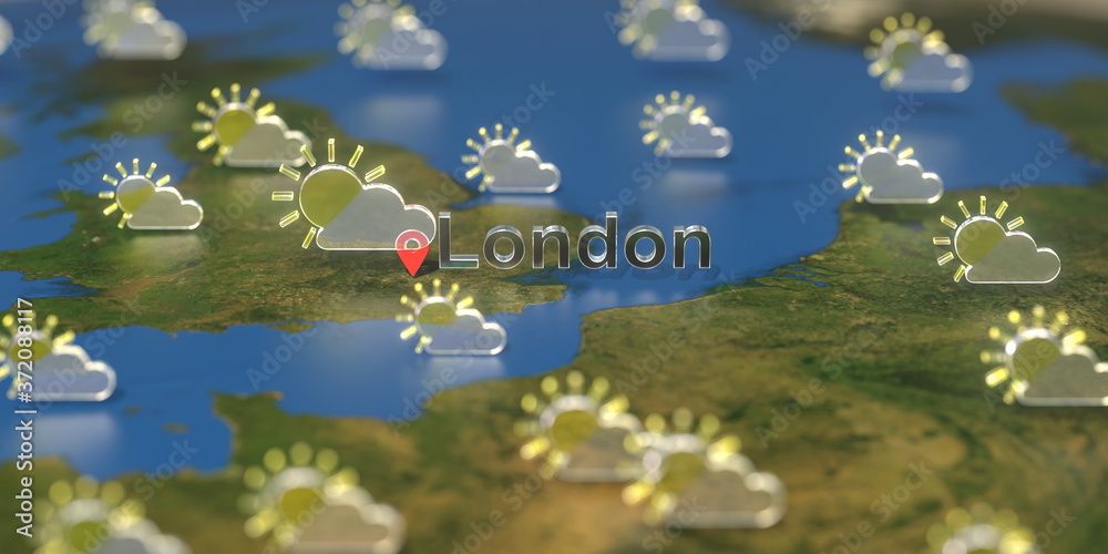 London city and partly cloudy weather icon on the map, weather forecast related 3D rendering London city and partly cloudy weather icon on the map, weather forecast related 3D rendering