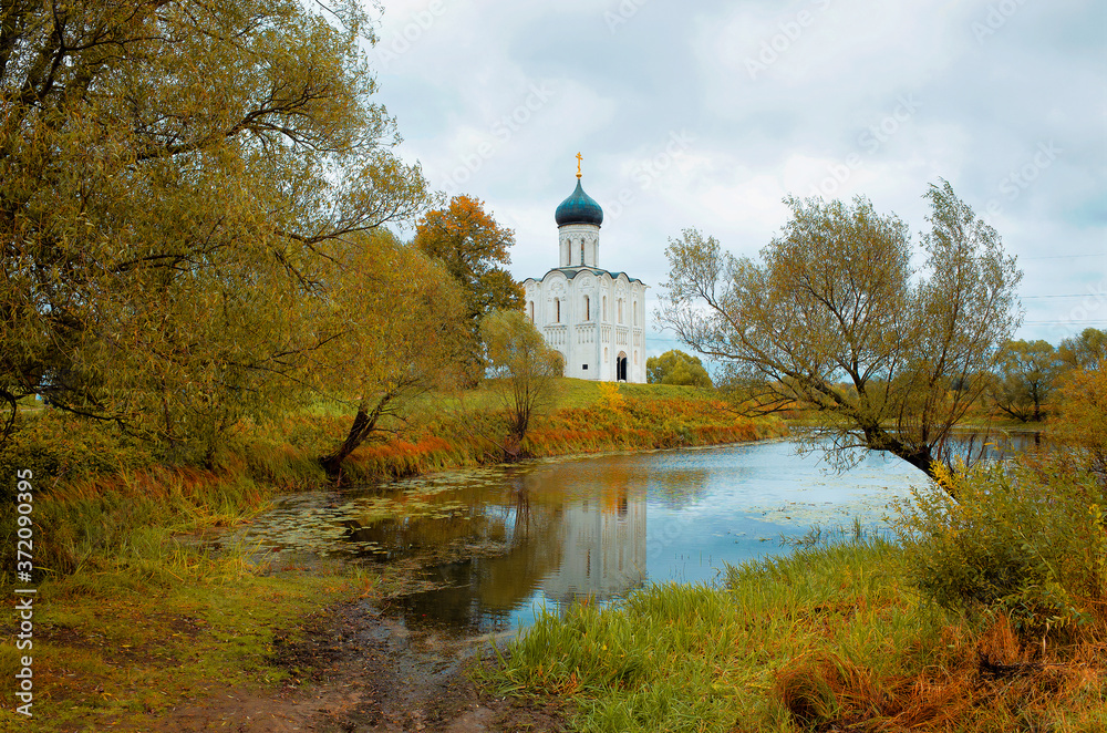Church of the Intercession on the Nerl. Autumn landscape. White stone temple in the Vladimir region, Russia
