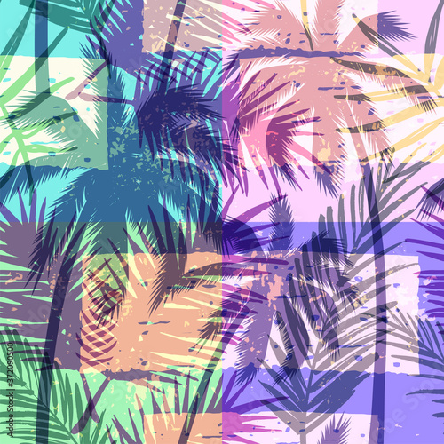 Seamless exotic pattern with tropical palm on geometric background in bright color.