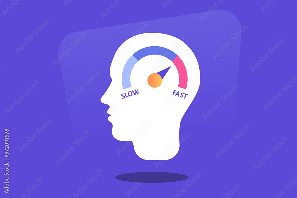 Human heads silhouette with speedometer icon. Growth mindset, potential development, fast self improvement, soft skills training, boost efficiency, fast decision making Flat vector illustration Human heads silhouette with speedometer icon. Growth mindset, potential development, fast self improvement, soft skills training, boost efficiency, fast decision making Flat vector illustration