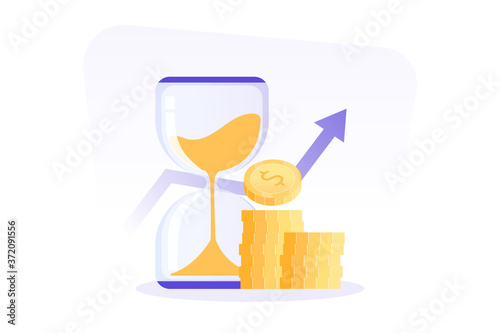 Time is money concept. Financial invest fund, revenue increase, income growth, hourglass and coin stack, budget planning, pension savings. Isolated vector illustration