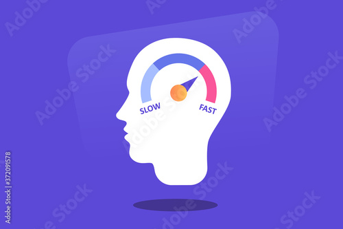 Human heads silhouette with speedometer icon. Growth mindset, potential development, fast self improvement, soft skills training, boost efficiency, fast decision making Flat vector illustration