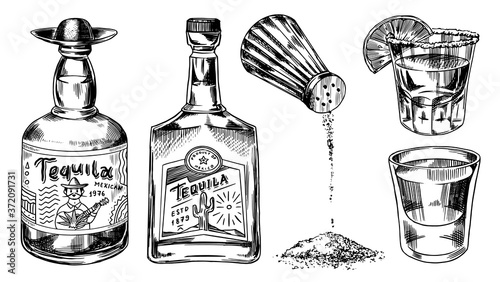 Tequila bottles and salt shaker. Glass Shots with Alcoholic Drink and Lime. Engraved hand drawn vintage sketch. Woodcut style. Vector illustration for menu or poster.