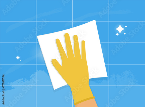 Vector illustration of houseworker wipes. Human hand in glove with white wipe is cleaning the wall covered with tiles
